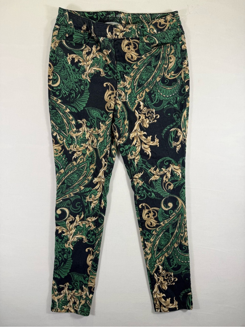 Chico's Jeggings Black, Green & Gold Paisley-Scroll Skinny Chinos